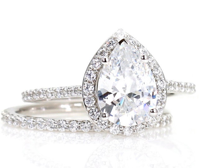Moissanite Wedding Set Engagement Ring Diamond Halo Custom Pear Setting 14K 18K White Yellow Rose Gold Platinum Bridal Jewelry