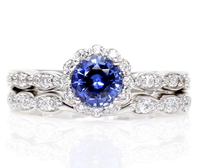 14K Blue Sapphire Engagement Ring Wedding Set Diamond Halo Sapphire Ring Custom Bridal Set