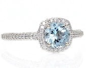 Aquamarine Engagement Ring Diamond Halo 14K White Yellow Rose Gold 18K Platinum Palladium Bridal Jewelry