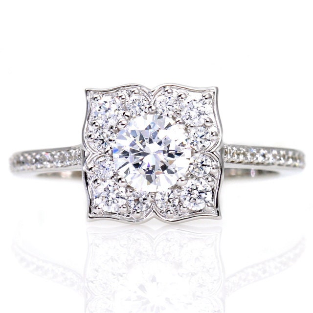 Art Deco White Sapphire Engagement Ring Diamond Halo 14K White Yellow Rose Gold Vintage Custom Bridal Jewelry