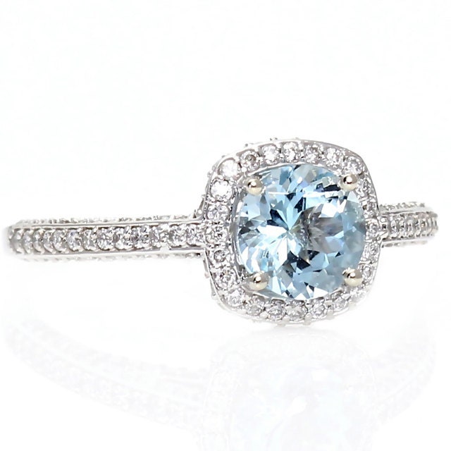 Aquamarine Engagement Ring Diamond Halo 14K White Yellow Rose Gold 18K Platinum Palladium Bridal Jewelry