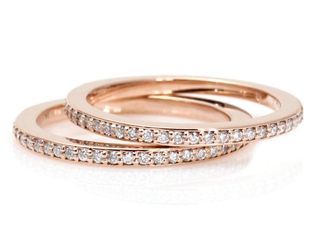 Pair of Diamond Wedding Bands Set of 14K Diamond Anniversary Bands Diamond Rings Stacking Ring
