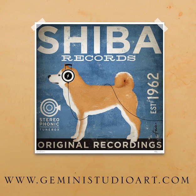 Shiba Inu Records graphic illustration giclee archival signed artist's print 16 x 16 by stephen fowler
