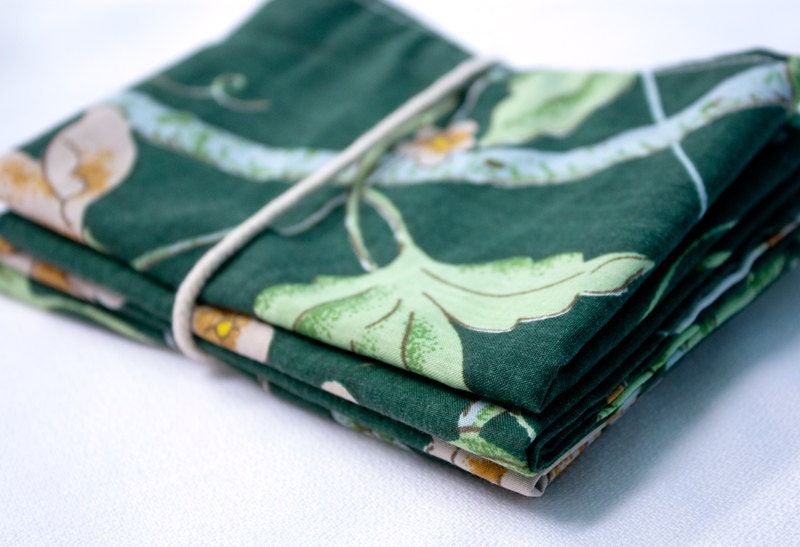 Dark Green Floral - Set of 4 Reusable Napkins - made with reclaimed and remnant fabrics