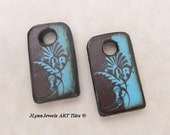 5/8 x 1 inch Aqua Brown Feathered Friends Fan Dog Tag Wood ART Tile decoupaged Charm Pair