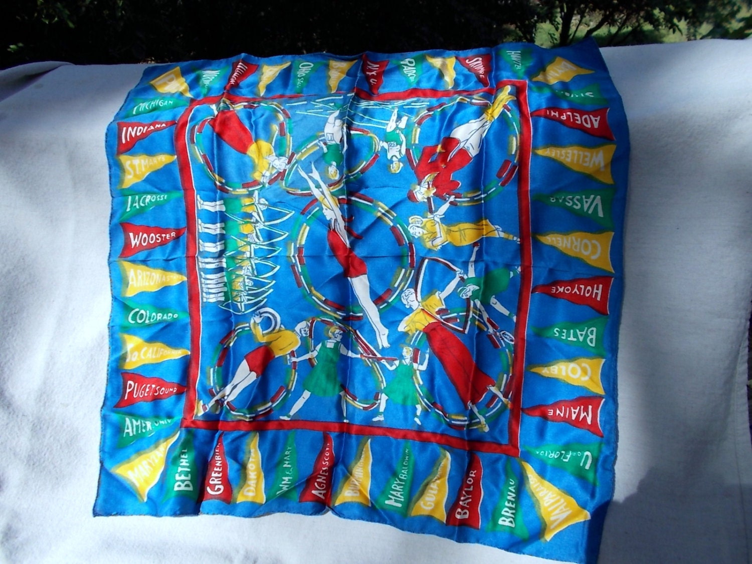 1930s Silk Scarf  Rare Womens Sport in Colleges College Banners and Women at the Sport Itself