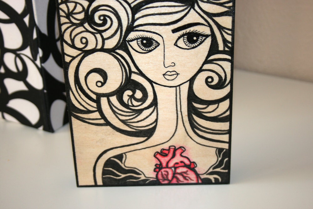 HER HEART Original Illustration on Wood Panel 5x7