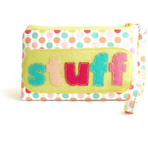 Wristlet Pouch Clutch Make Up Bag Flat Bottom Chartreuse Pink Aqua Polka Dot for your Stuff