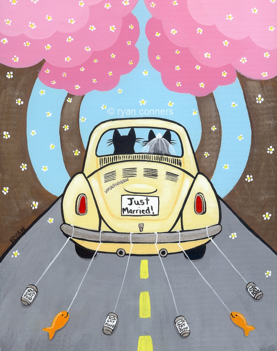 Just Married Cat Folk Art Digital Print