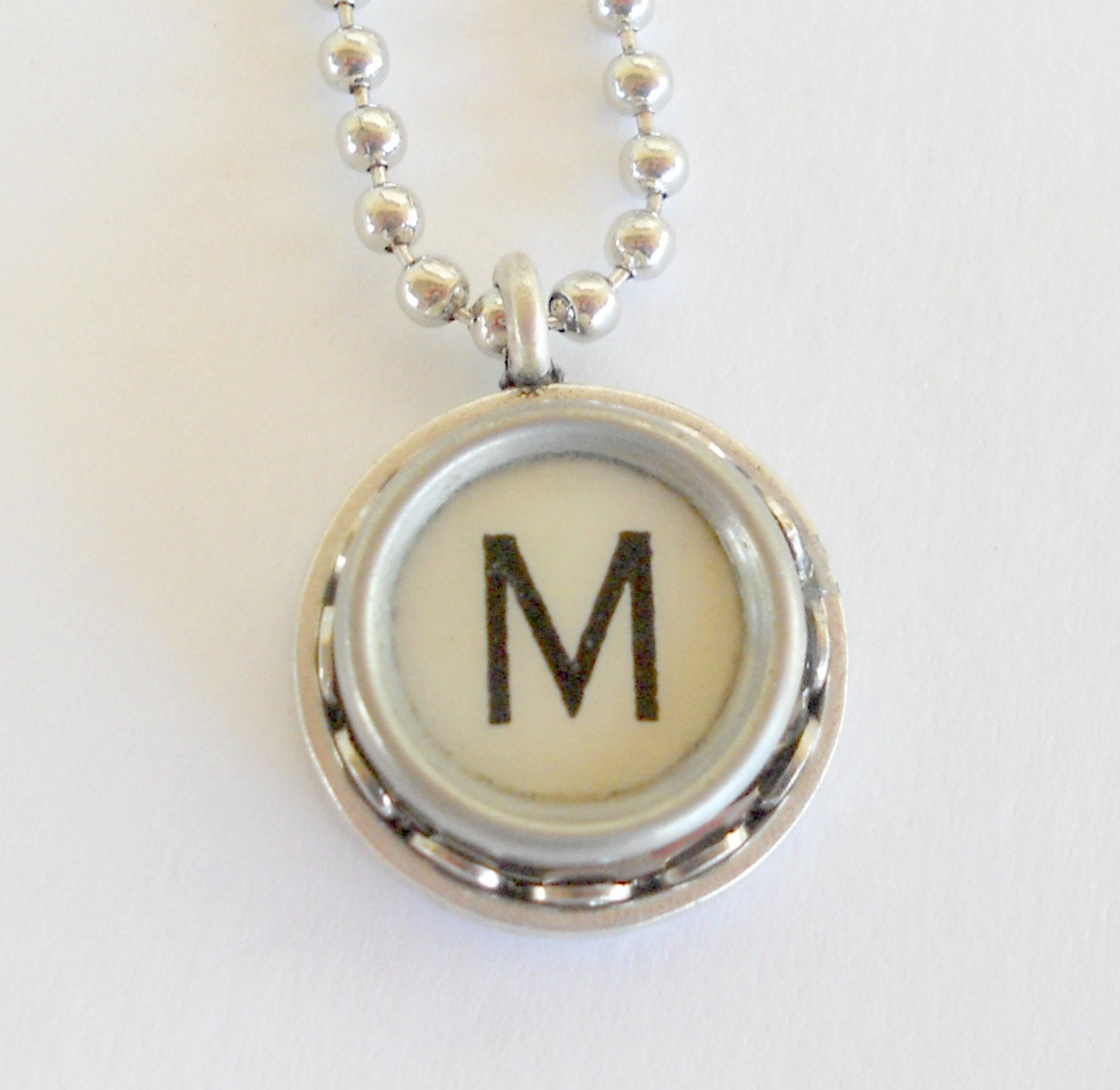 Typography Jewelry, Typewriter Key Necklace, Letter M, Ivory, Vintage, Initial Jewelry,  All Letters Available