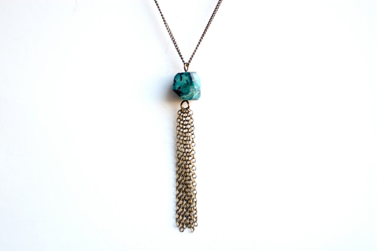 Turquoise Chrysocolla Nugget Tassel Necklace - Vintage Oxidized Brass Chain