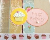 Vintage Inspired Fabric Cupcake - Handmade Birthday Greeting Card