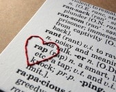 I Heart Rap: letterpress print, hand embroidered with red thread heart