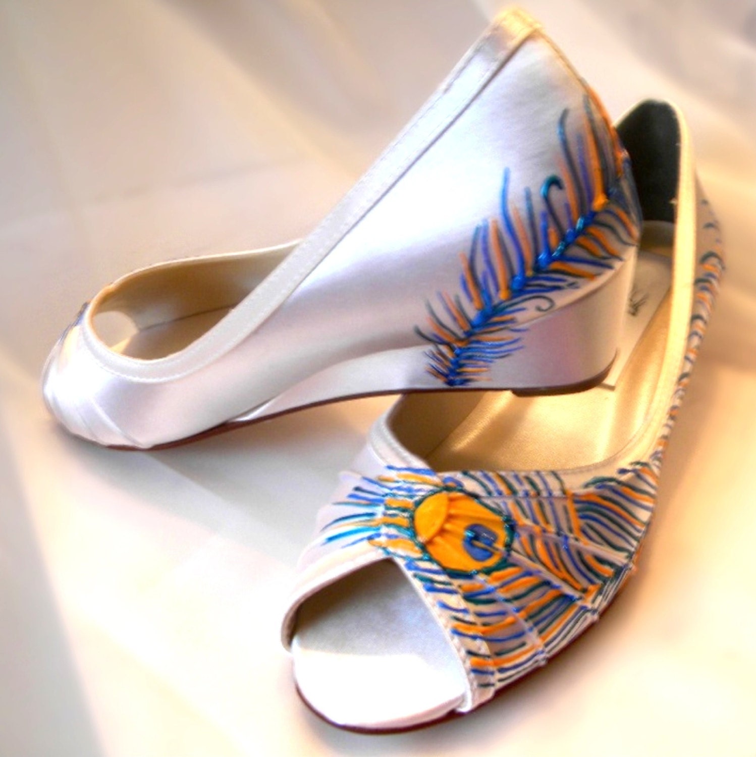 Wedding Shoes orange  peacock feather painted wedge Sale low heel peep toes Gelyn