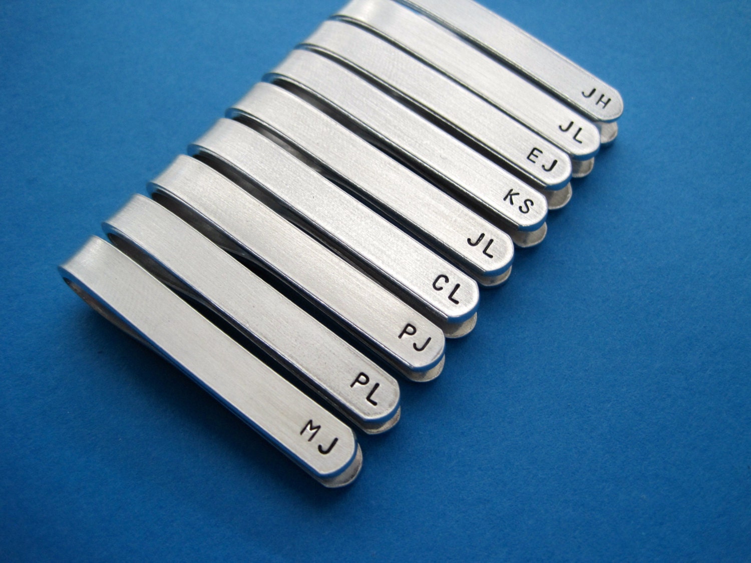 Set of 9 Personalized Tie Bars - Initials - Custom stamped tie clips