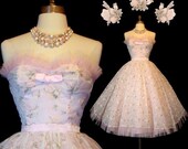 ON SALE /////// Vintage 50s Strapless Ivory Floral Pink Prom Dress Chiffon Wedding Party XS S