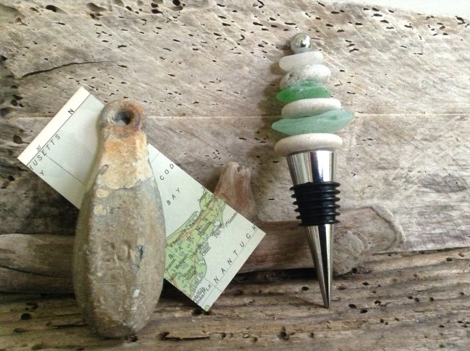 BOTTLE STOPPER...made with genuine sea glass and beach stones