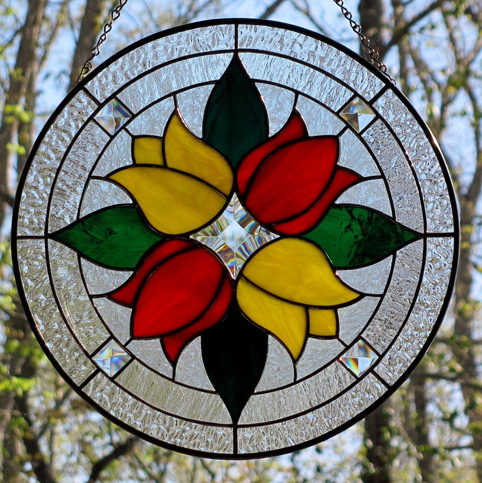 Stained Glass Red and Yellow Tulips Round Beveled Suncatcher
