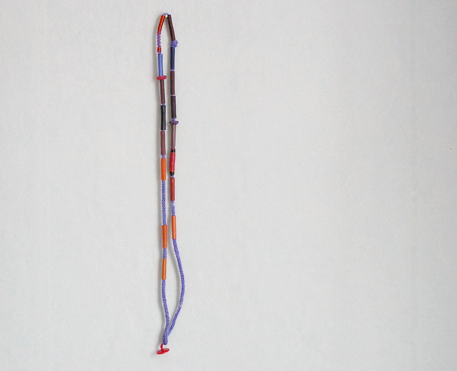 Textile necklace - long fabric beaded necklace - blue orange red purple ombre - textile jewelry