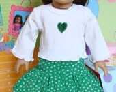 American Girl 18"  Doll, St Patricks Day 2 pc Set, Green Heart Sequin Applique Top & Green with white Clover Skirt