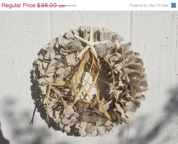 20% off Cottage Starfish Rag Wreath Tan White Gingham homespun fabric Osnaburg Muslin Cottage Chic