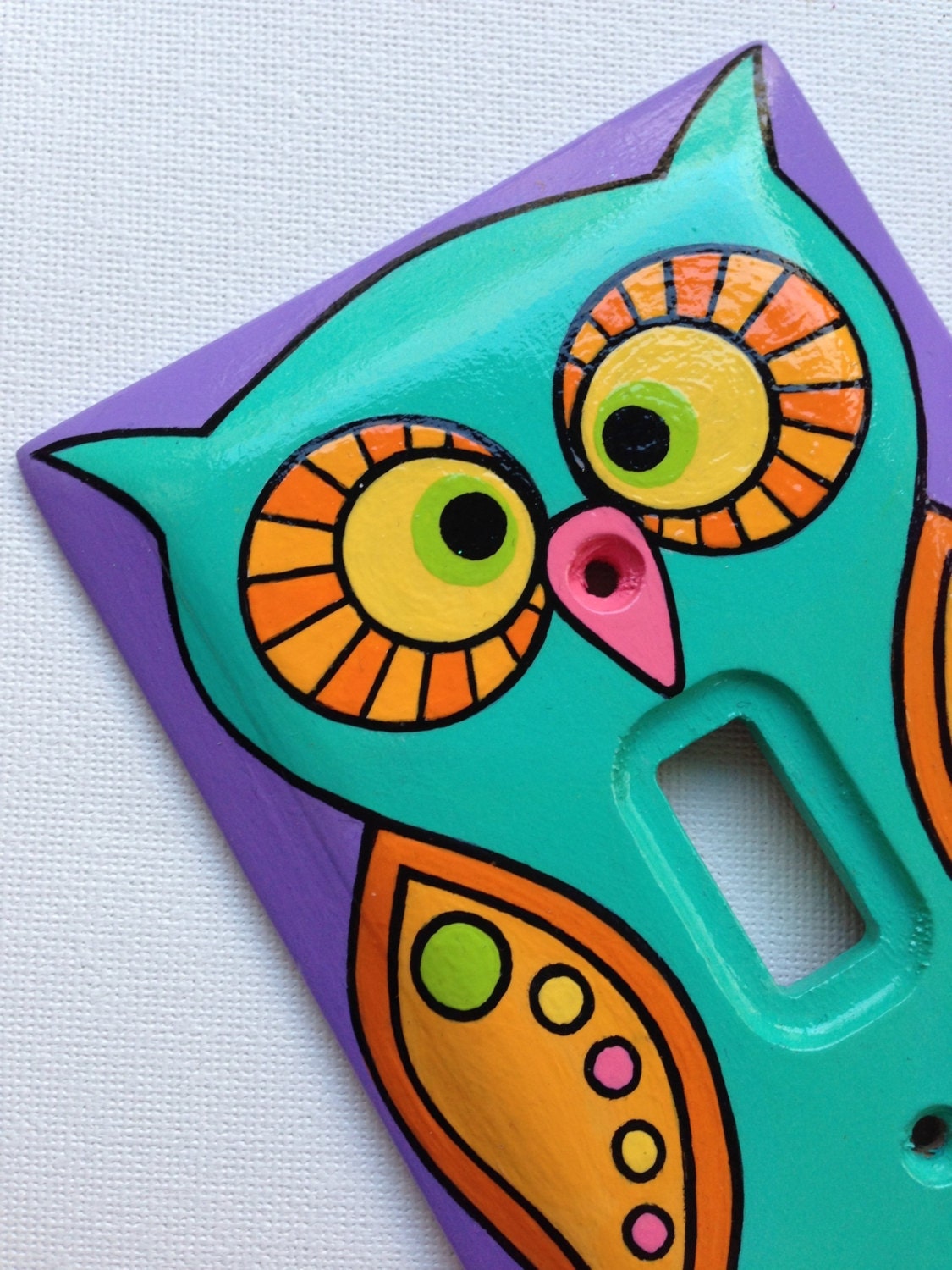 Turquoise Owl Switch Plate Retro Design Hand Painted Wood Light Switchplate