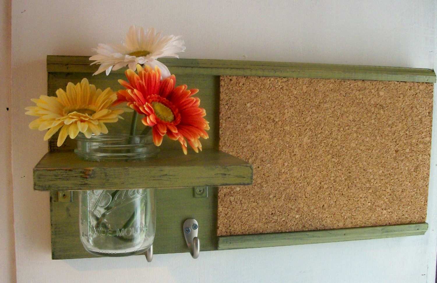 Retro Lime Green Avocado Color Wood Wall Shelf Cork Bulletin Board Message