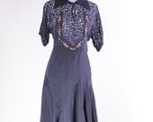 20s 30s Dress - Navy Blue Lace with Pink Flower Embroidery Med Lrg