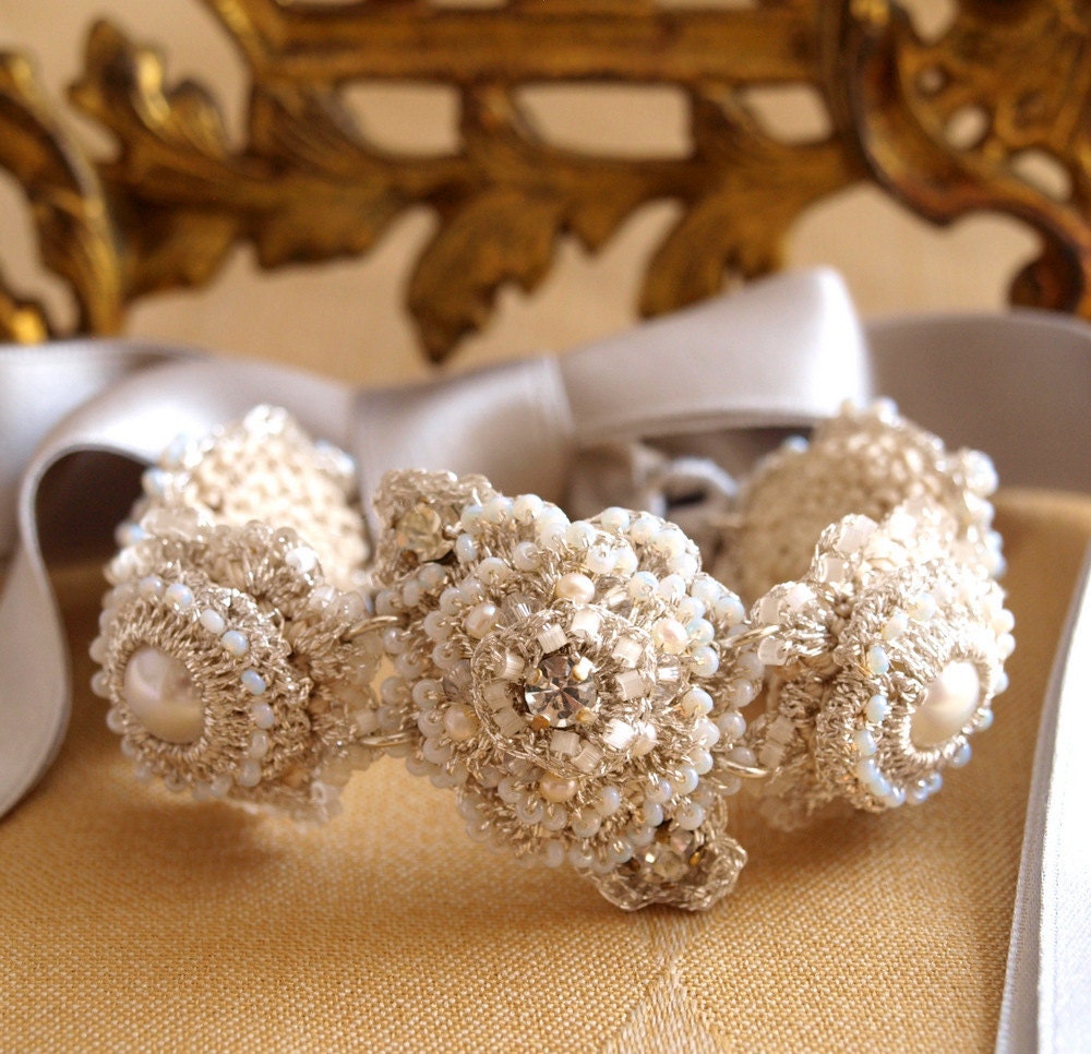 Pearl Crystal Bridal Bracelet / Wedding Cuff / Taupe / Silver Ribbon / Handmade Silver Lace Jewelry / "Celestina"
