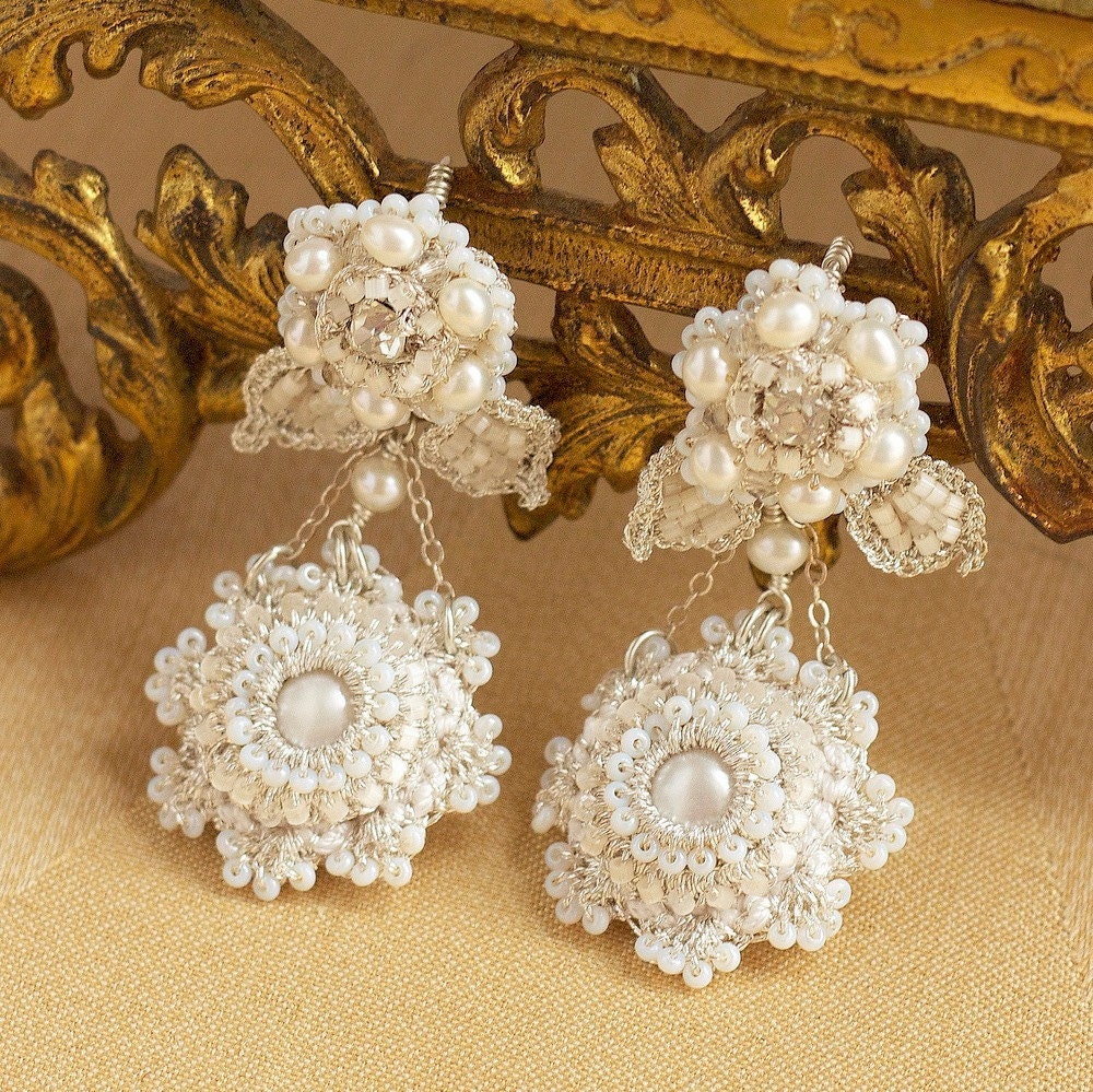 Pearl Wedding Chandelier Earrings / White Ivory / Large Statement Jewelry / Vintage Rhinestones "Serafina"