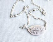 silver feather necklace, fine silver pendant, sterling silver, feather