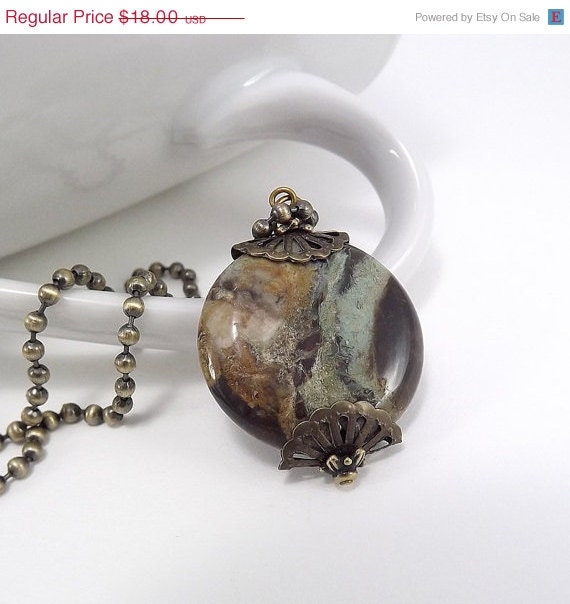 SALE Antique Brass Necklace - Large Snakeskin Jasper Bead
