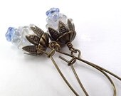 SALE Antique Brass Earring with Czech Tumpet Flower and Bellflower Crystal Glass Beads