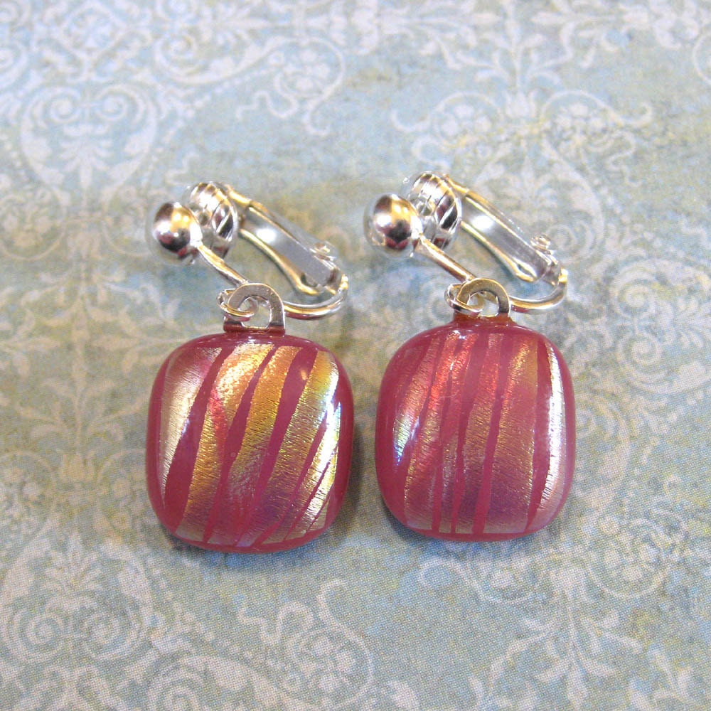 Dichroic Pink Clip On Earrings, Dangle Clip Earings, Handmade Jewelry, Fashion Jewelry - Hailey - 1856 -3