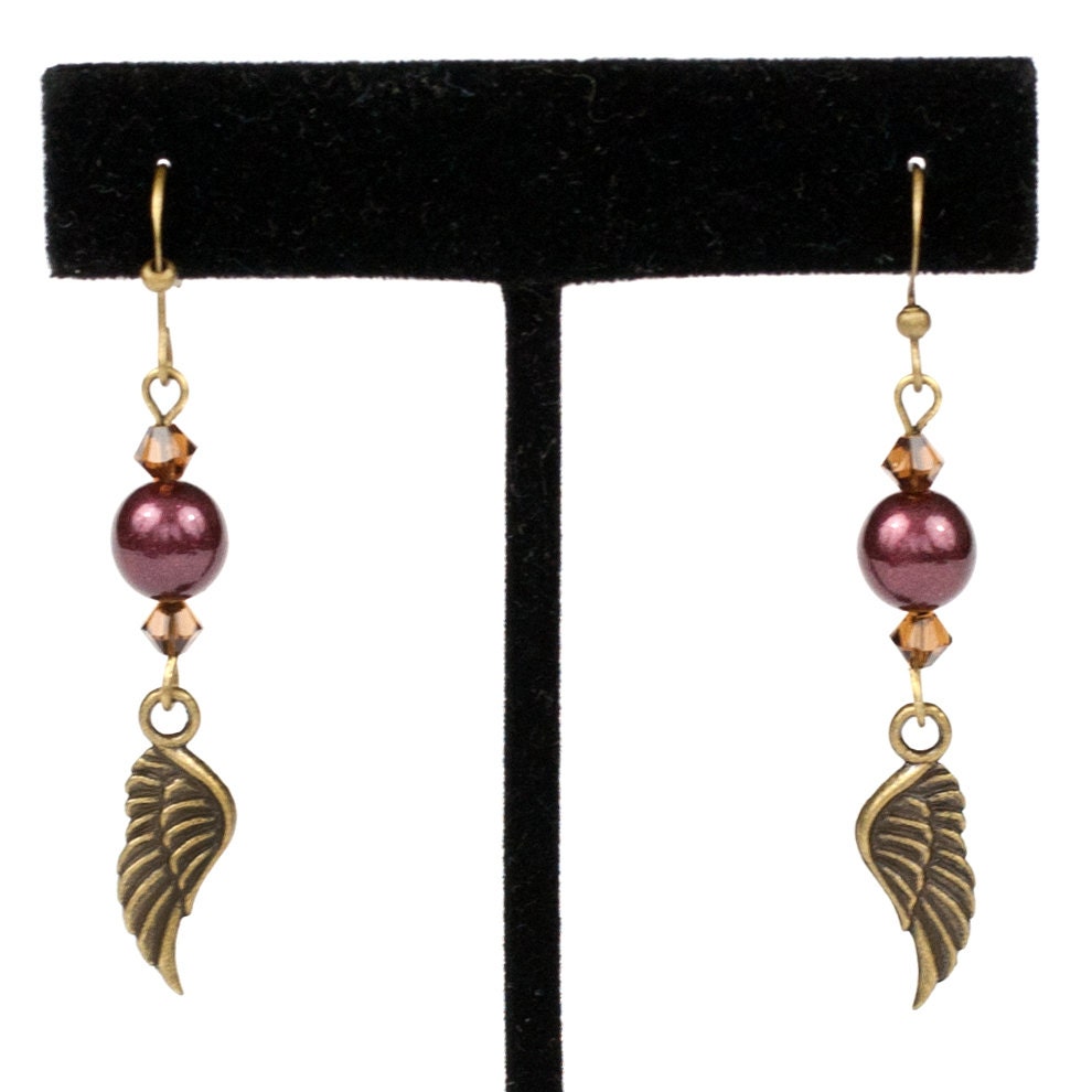 Steampunk Antiqued Brass Ornate Feather Wing Earrings with Burgundy Pearls and Smoked Topaz Swarovski Crystal Beads by Velvet Mechanism
