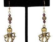 Steampunk Antiqued Brass Octopus Tentacle Earrings with Swarovski Burgundy Crystal Beads by Velvet Mechanism