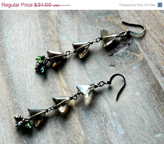 Summer Sale 10% Off Smokey Quartz Geometric Triangle Dangle Earrings with Rainbow Colored Crystals