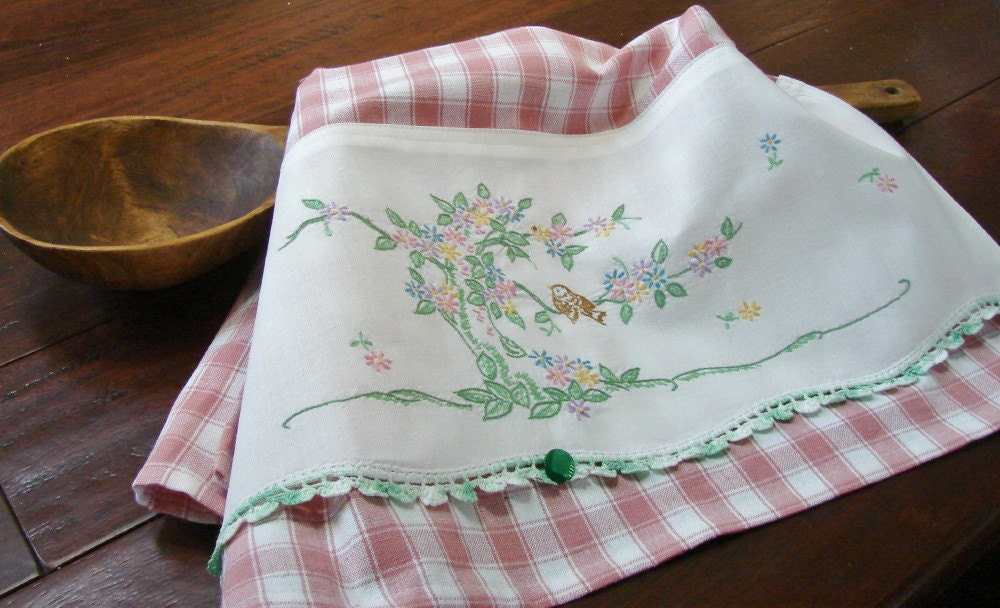 Tea Towel - Pretty Bird - Vintage Recycled to Upcycled Home Decor  - Homespun