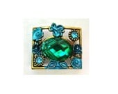 BEAD, metal jewel bead  with blue green rhinestone butterfly and flowers retro vintage style