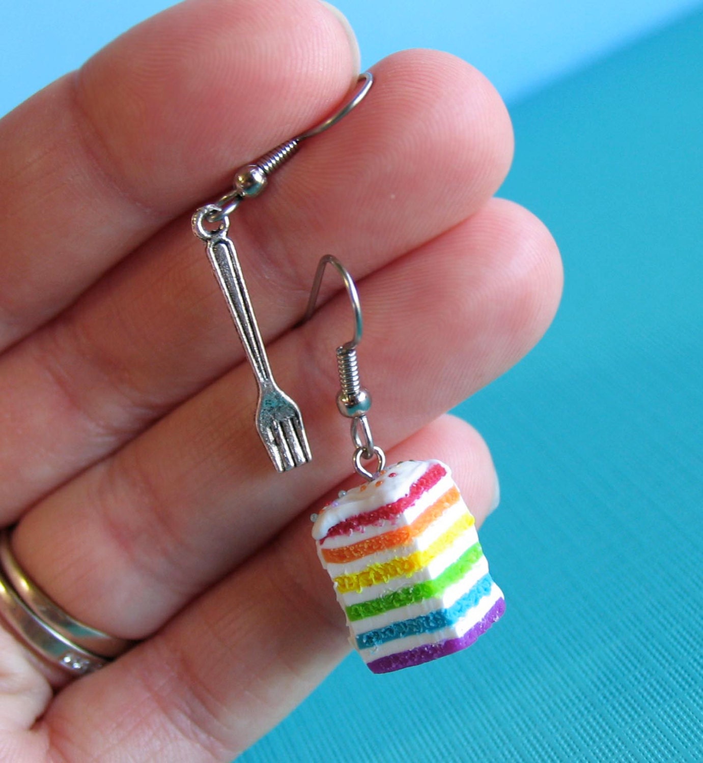 Rainbow Cake Slice with Fork Earrings