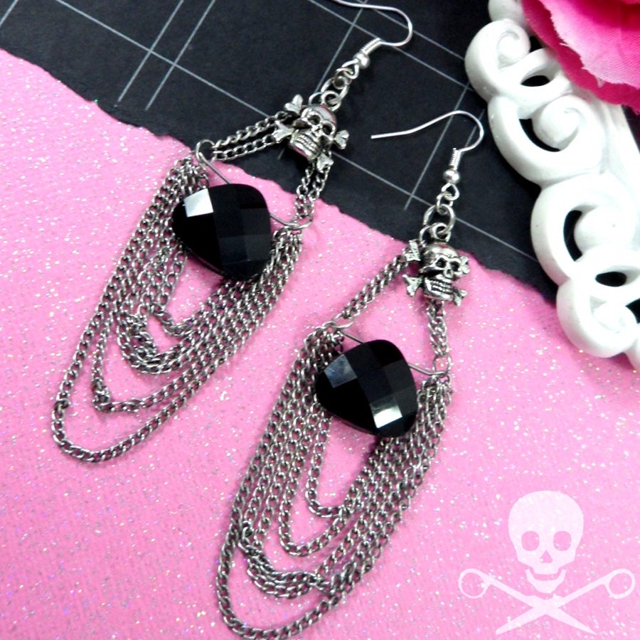 CHAINED UP - Chandelier Skull and Crossbone Silver Dangly Charm Earrings