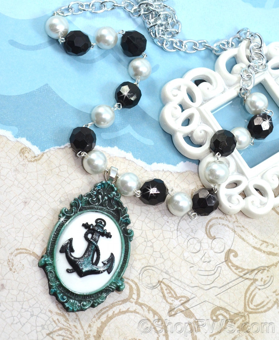 OCEAN VIXEN - Blue, White, And Black Resin Cameo Anchor Necklace