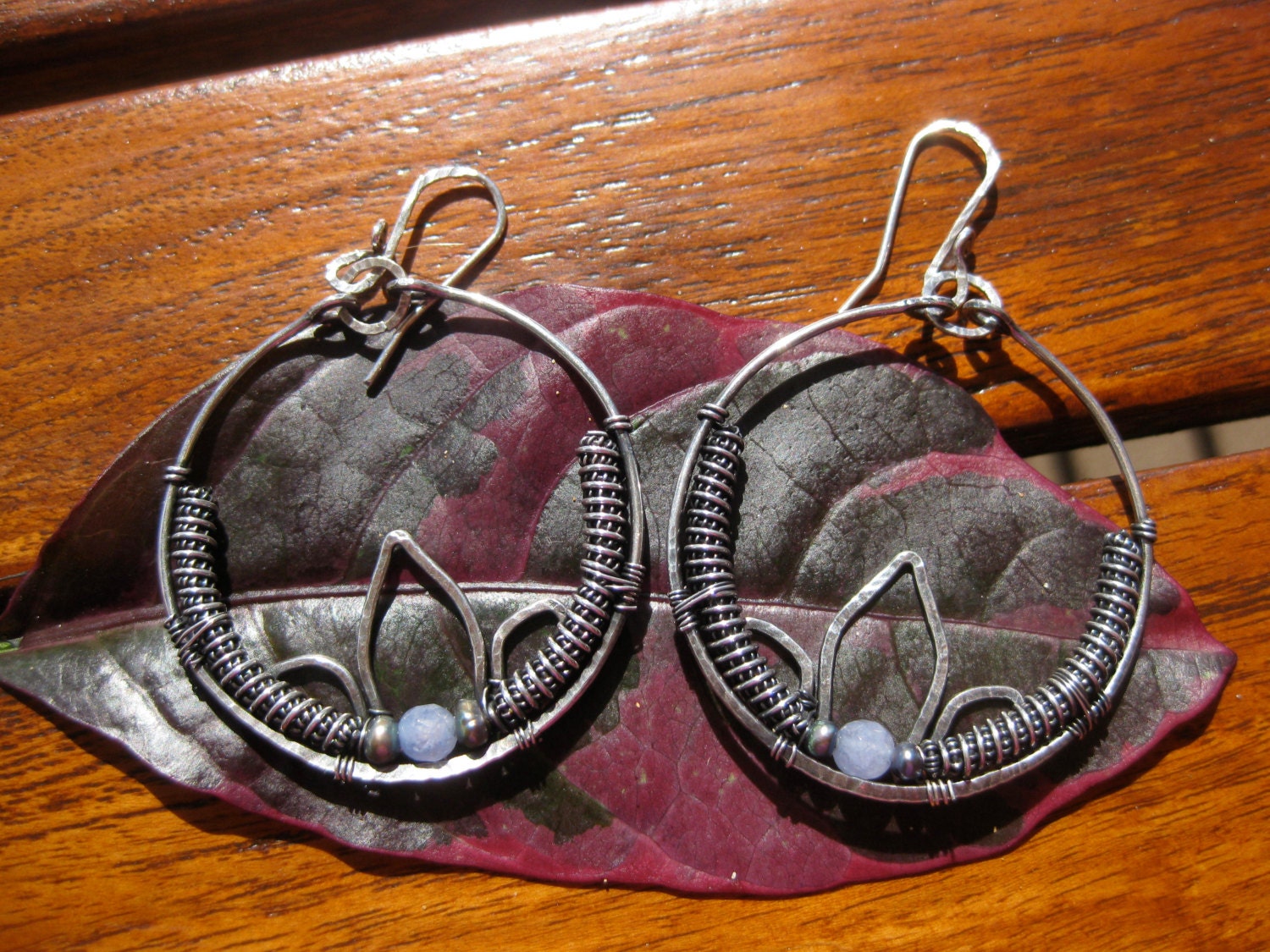 Wire wrapped earrings, sterling silver large hoops, metalwork handmade jewelry