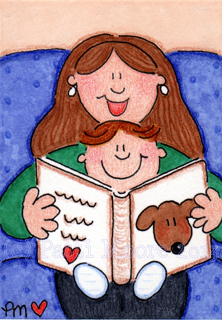 ACEO Original Illustration - Folk Art - Cute Whimsical - 2.5" x 3.5" - Bedtime Story