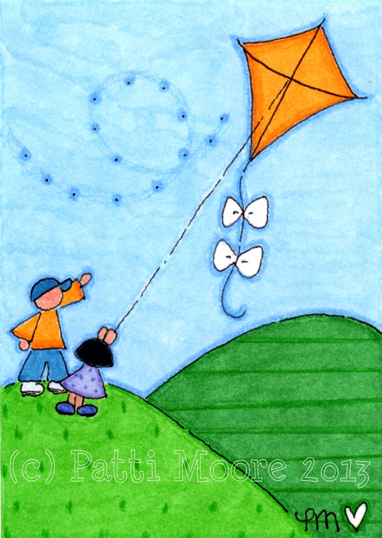 ACEO Original Illustration - Folk Art - Cute Whimsical - 2.5" x 3.5" - Kite Flying Day