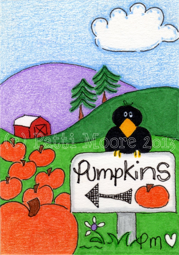 ACEO Original Illustration - Folk Art - Cute Whimsical - 2.5" x 3.5" - Pumpkins For Sale