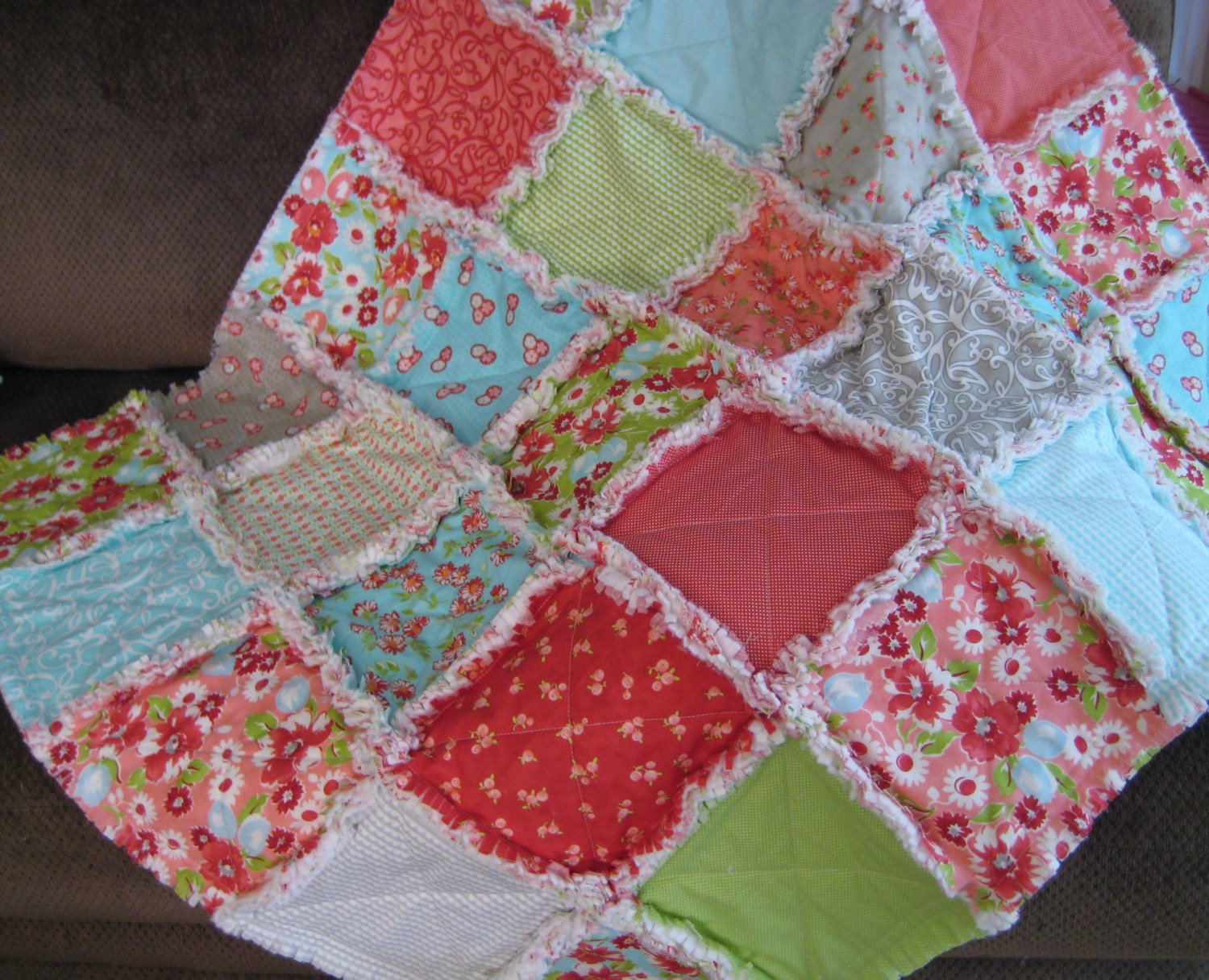 Baby Rag Quilt Blanket Crib Size - Ruby - Peach Aqua Green Red Gray