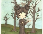 Tree Print Girl Owl Whimsical Fawn Chidren Wall Art---I Will Take Care of You