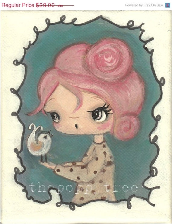 Bird Painting Girl Song Birds Original Wall Art---Original Painting 4 x 5