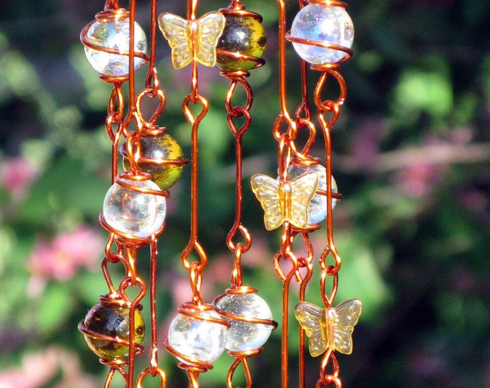 Iridescent Amber Yellow and Clear Suncatcher with Copper Wrapped Marble Prisms and Amber Glass Butterflies